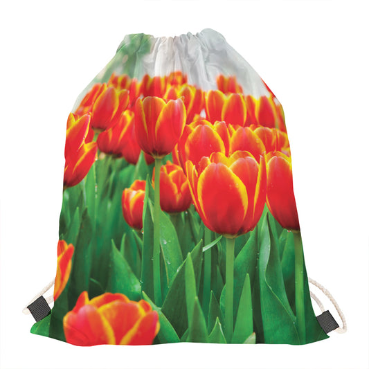 Red And Yellow Tulip Print Drawstring Bag