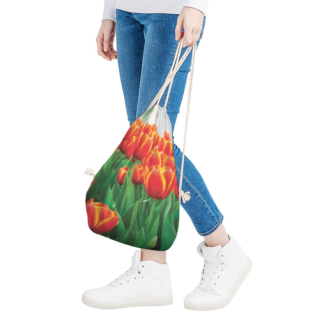 Red And Yellow Tulip Print Drawstring Bag