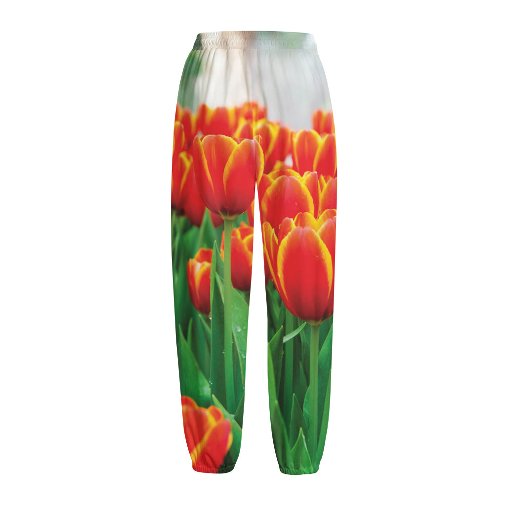 Red And Yellow Tulip Print Fleece Lined Knit Pants