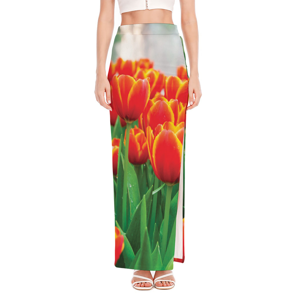 Red And Yellow Tulip Print High Slit Maxi Skirt
