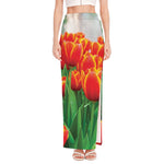 Red And Yellow Tulip Print High Slit Maxi Skirt