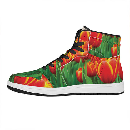 Red And Yellow Tulip Print High Top Leather Sneakers