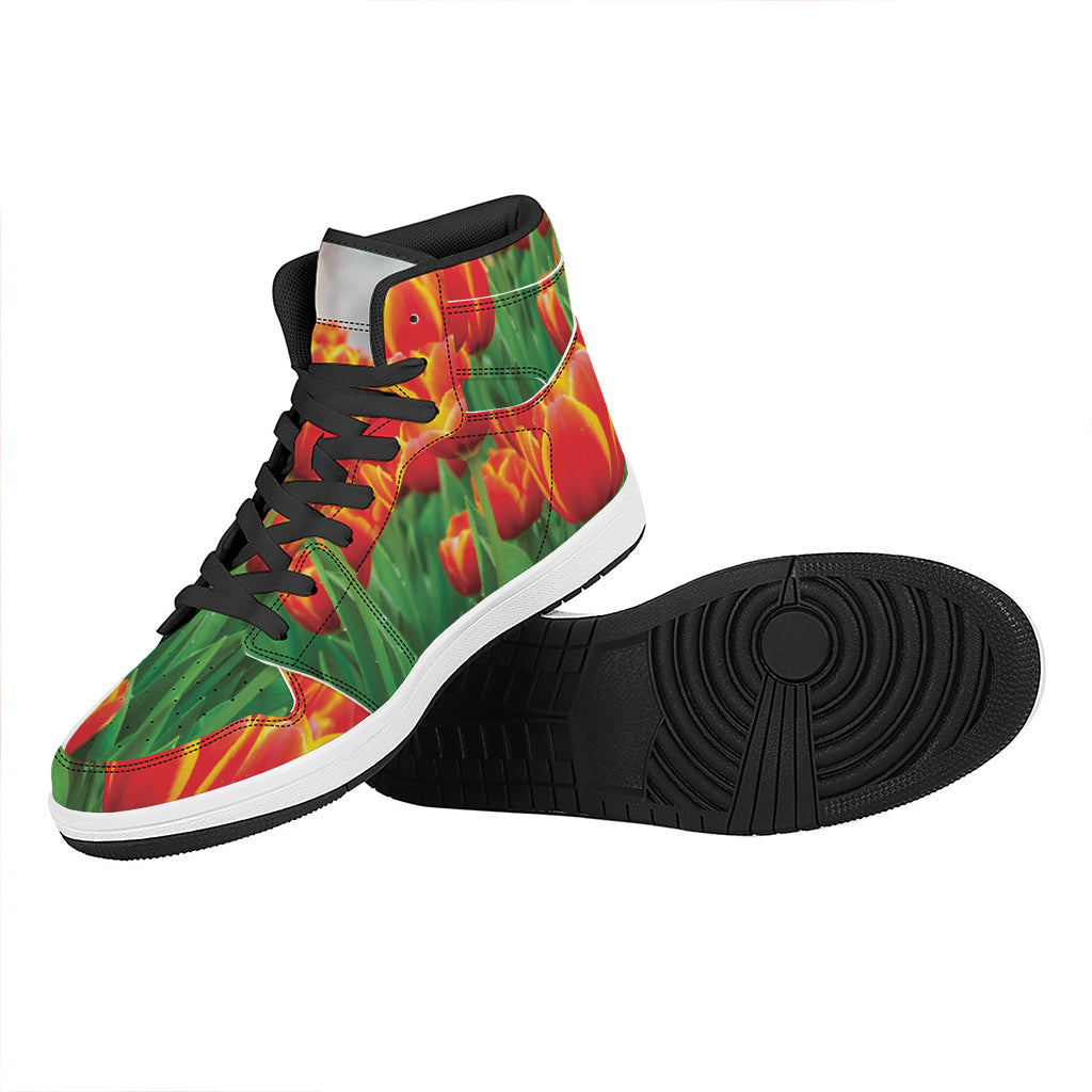 Red And Yellow Tulip Print High Top Leather Sneakers
