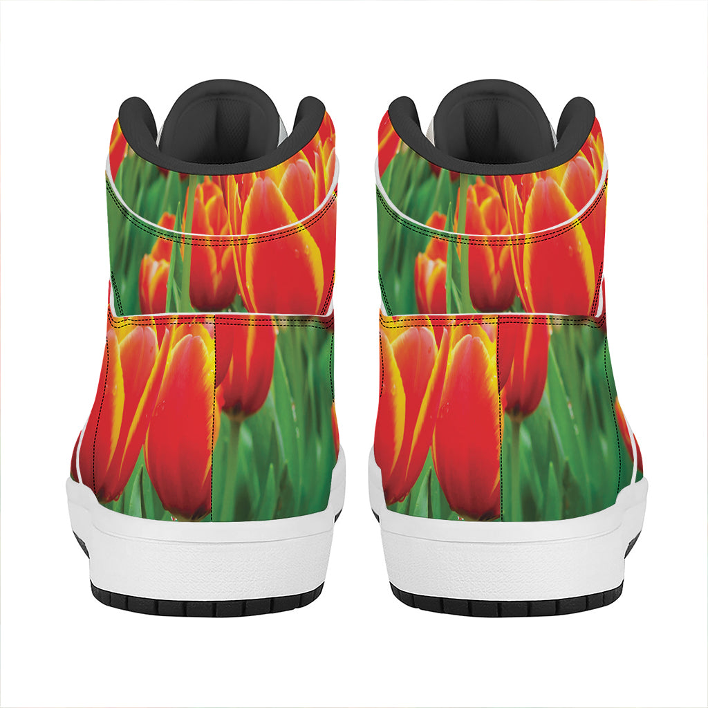 Red And Yellow Tulip Print High Top Leather Sneakers