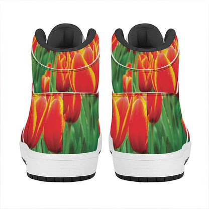 Red And Yellow Tulip Print High Top Leather Sneakers