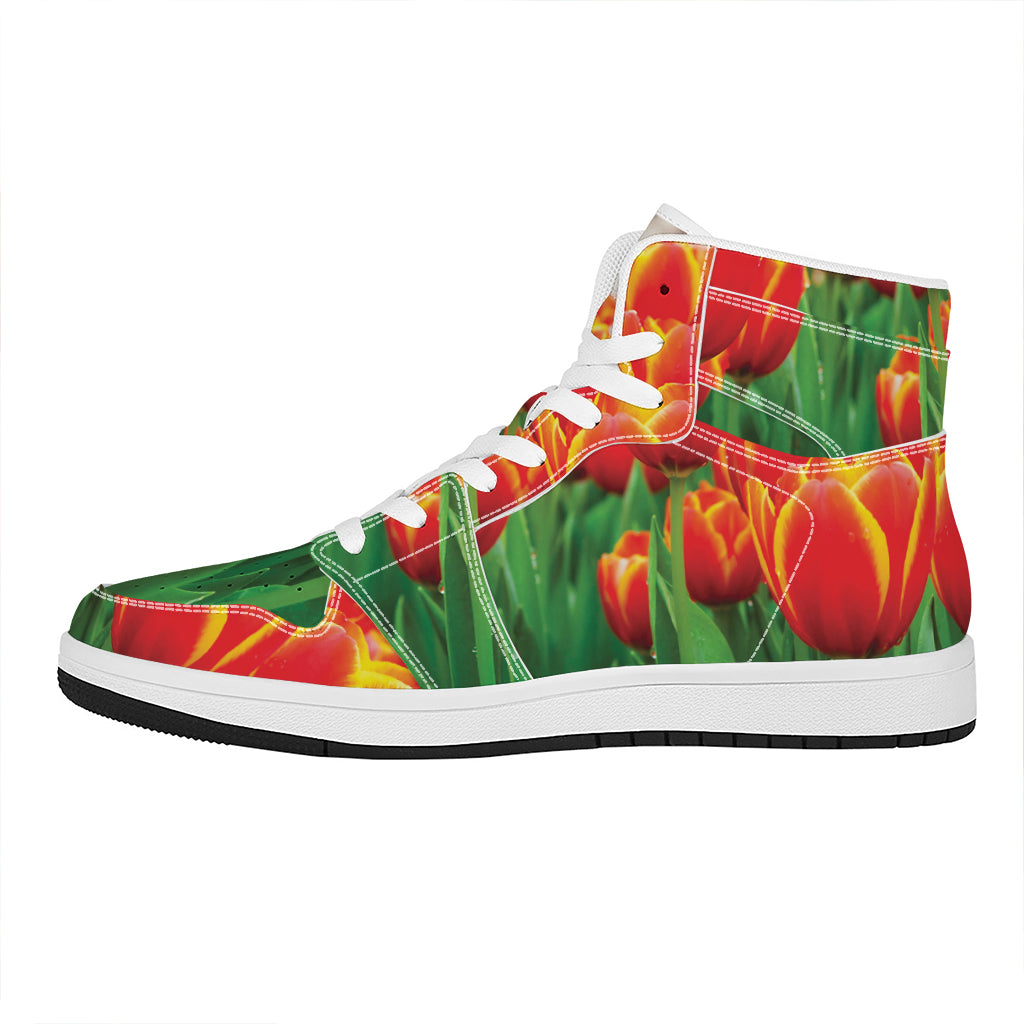 Red And Yellow Tulip Print High Top Leather Sneakers