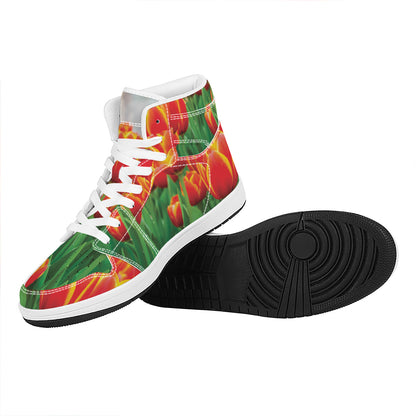 Red And Yellow Tulip Print High Top Leather Sneakers