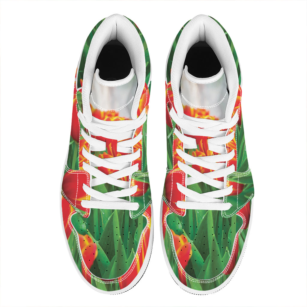 Red And Yellow Tulip Print High Top Leather Sneakers