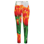 Red And Yellow Tulip Print High-Waisted Pocket Leggings