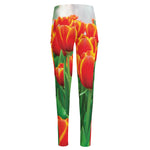Red And Yellow Tulip Print High-Waisted Pocket Leggings