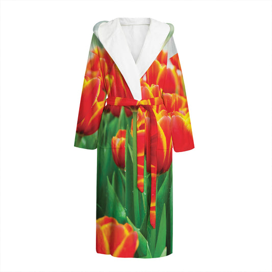 Red And Yellow Tulip Print Hooded Bathrobe