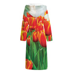 Red And Yellow Tulip Print Hooded Bathrobe