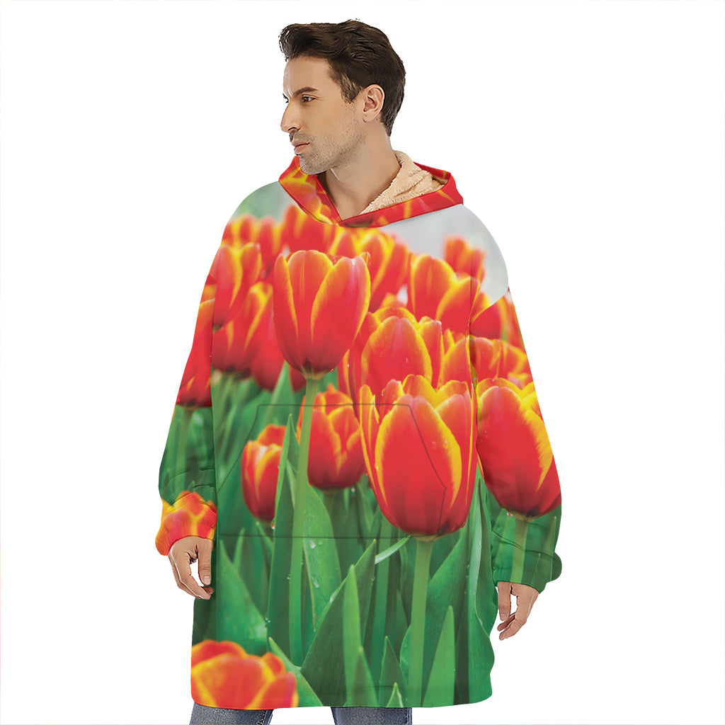 Red And Yellow Tulip Print Hoodie Blanket