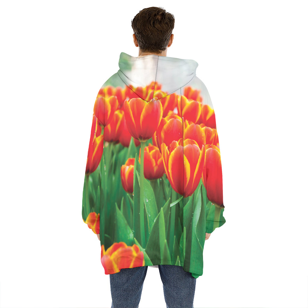 Red And Yellow Tulip Print Hoodie Blanket