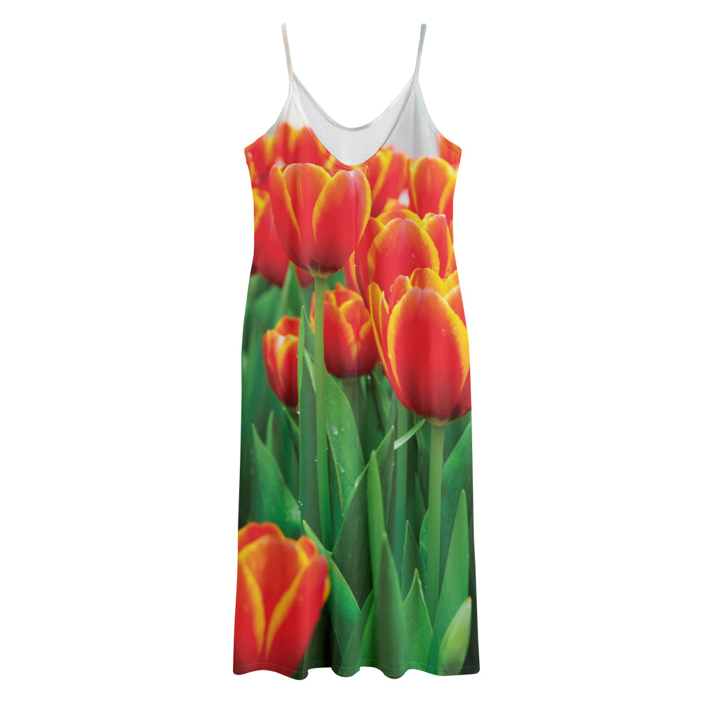 Red And Yellow Tulip Print Jersey Midi Cami Dress