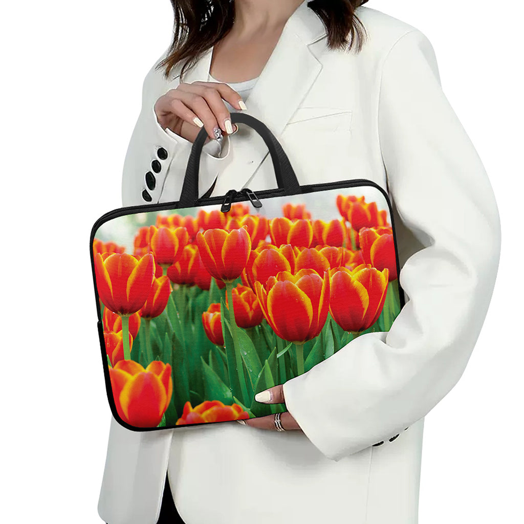 Red And Yellow Tulip Print Laptop Sleeve With Handle
