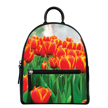 Red And Yellow Tulip Print Leather Backpack