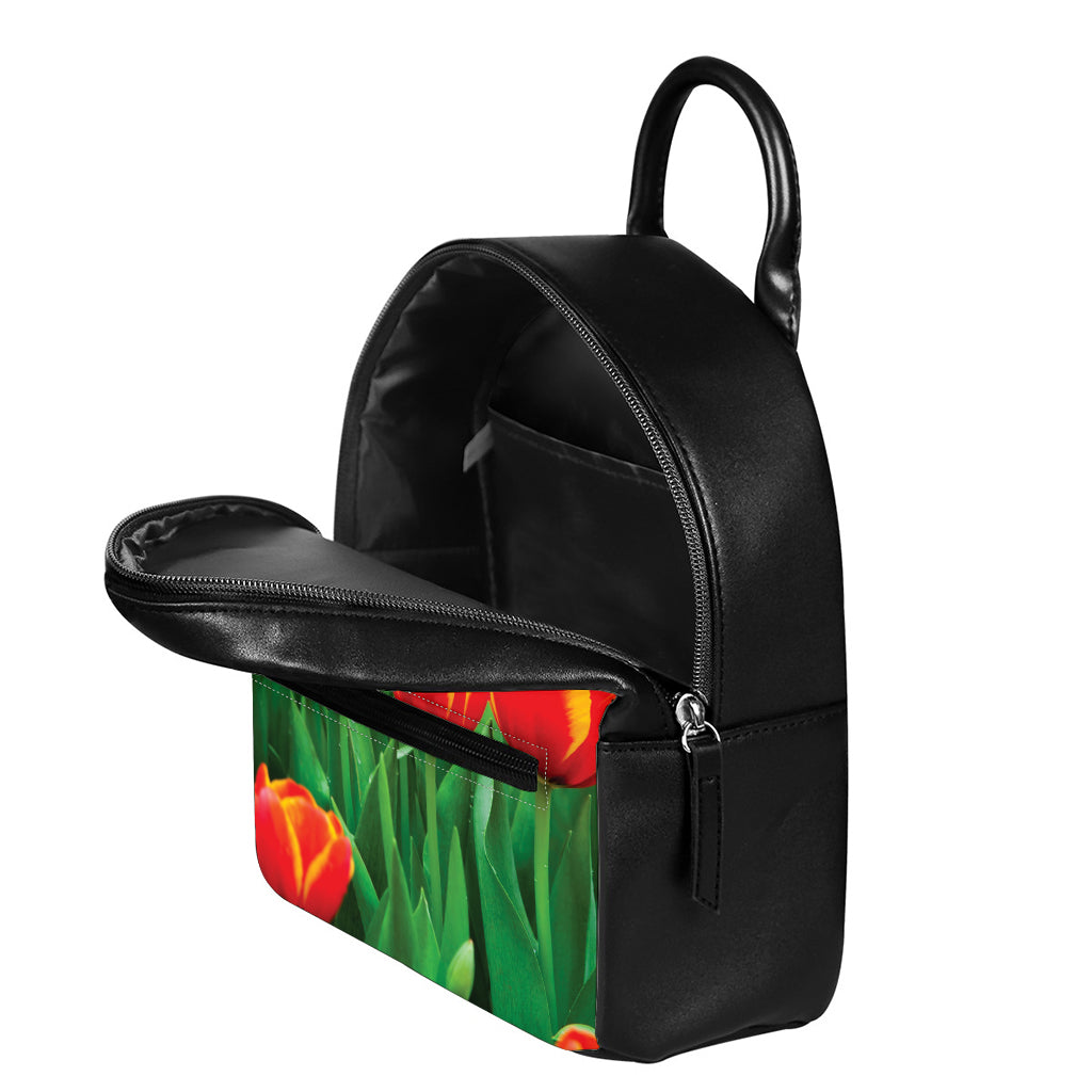 Red And Yellow Tulip Print Leather Backpack