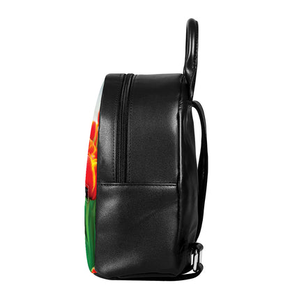 Red And Yellow Tulip Print Leather Backpack