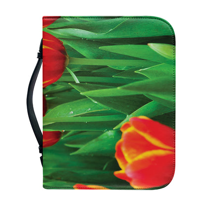Red And Yellow Tulip Print Leather Bible Cover