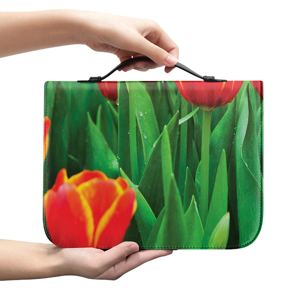 Red And Yellow Tulip Print Leather Bible Cover