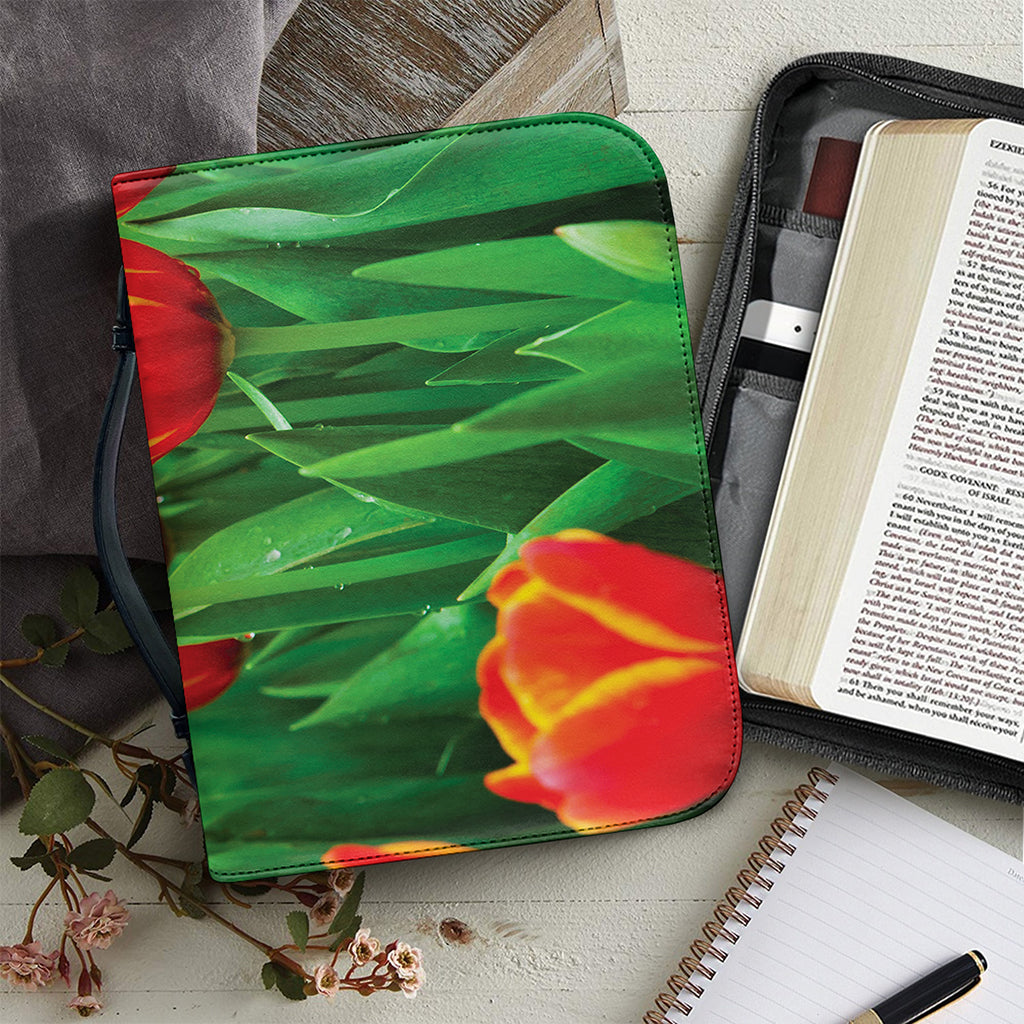 Red And Yellow Tulip Print Leather Bible Cover