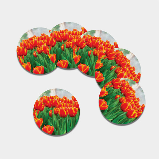 Red And Yellow Tulip Print Leather Coaster Set