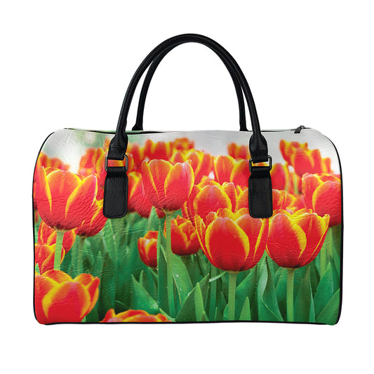Red And Yellow Tulip Print Leather Duffle Bag