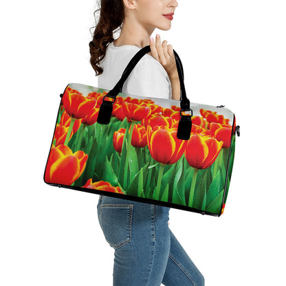 Red And Yellow Tulip Print Leather Duffle Bag
