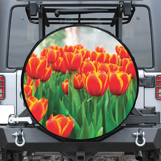 Red And Yellow Tulip Print Leather Spare Tire Cover
