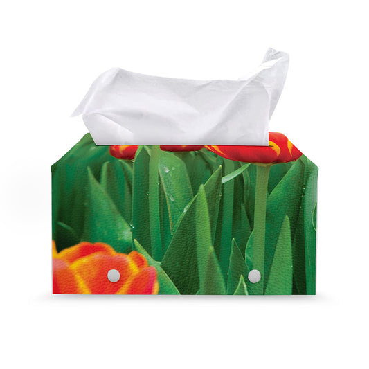 Red And Yellow Tulip Print Leather Tissue Box Cover