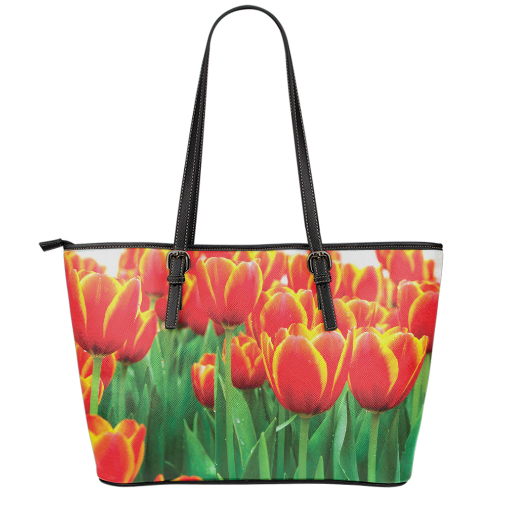 Red And Yellow Tulip Print Leather Tote Bag