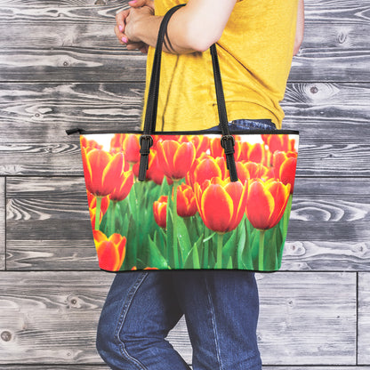 Red And Yellow Tulip Print Leather Tote Bag