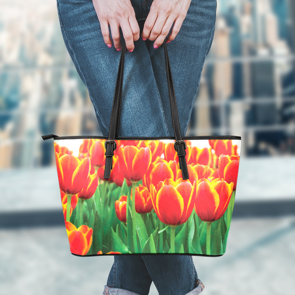 Red And Yellow Tulip Print Leather Tote Bag