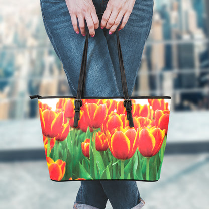 Red And Yellow Tulip Print Leather Tote Bag