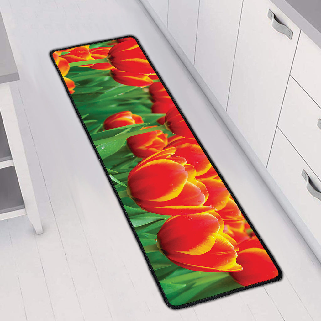 Red And Yellow Tulip Print Long Kitchen Mat