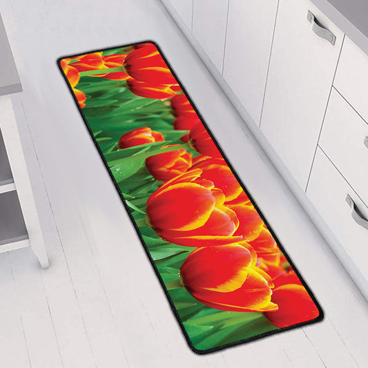 Red And Yellow Tulip Print Long Kitchen Mat