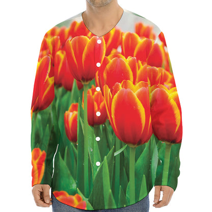 Red And Yellow Tulip Print Long Sleeve Baseball Jersey