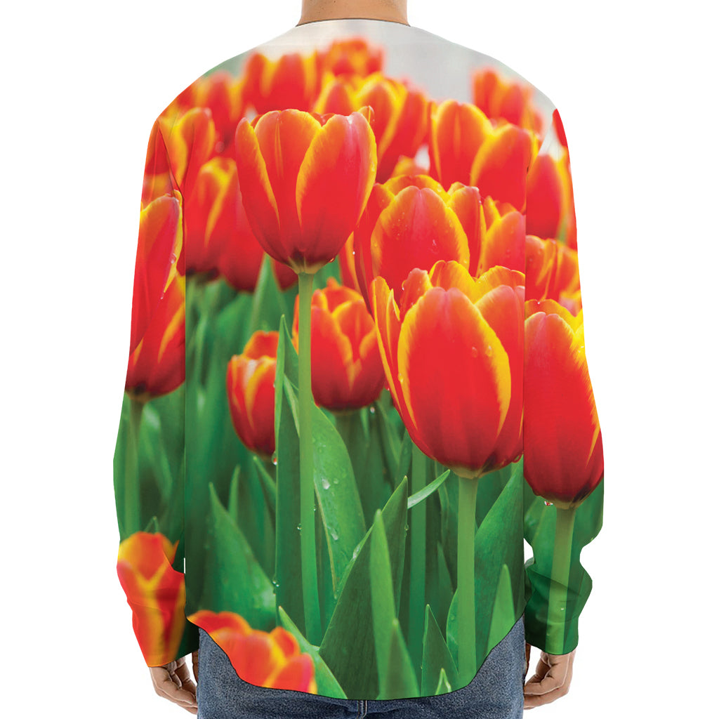 Red And Yellow Tulip Print Long Sleeve Baseball Jersey