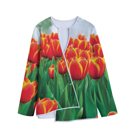 Red And Yellow Tulip Print Long Sleeve Short Coat