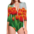 Red And Yellow Tulip Print Long Sleeve Swimsuit