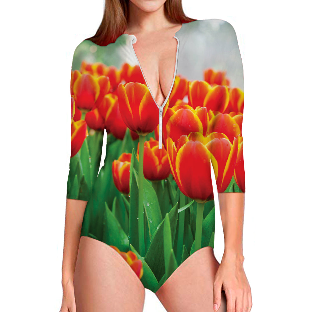 Red And Yellow Tulip Print Long Sleeve Swimsuit