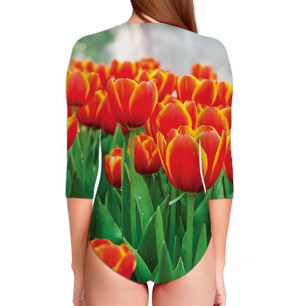Red And Yellow Tulip Print Long Sleeve Swimsuit