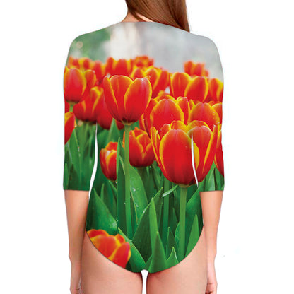 Red And Yellow Tulip Print Long Sleeve Swimsuit