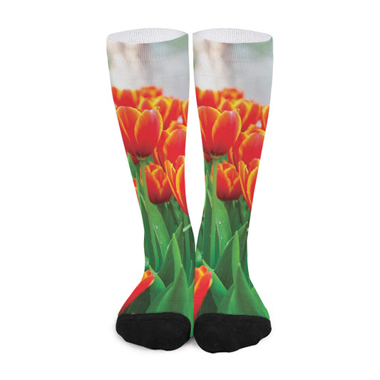 Red And Yellow Tulip Print Long Socks
