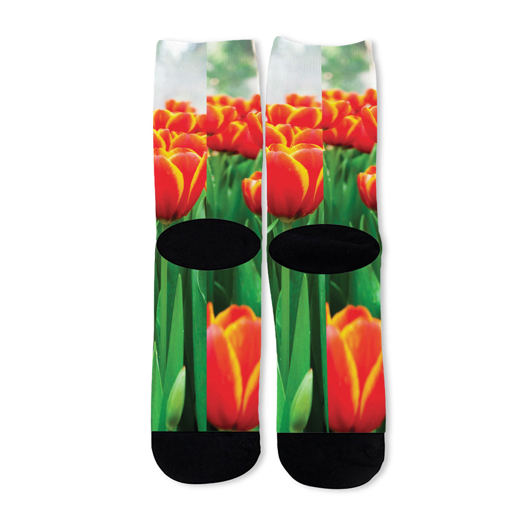 Red And Yellow Tulip Print Long Socks