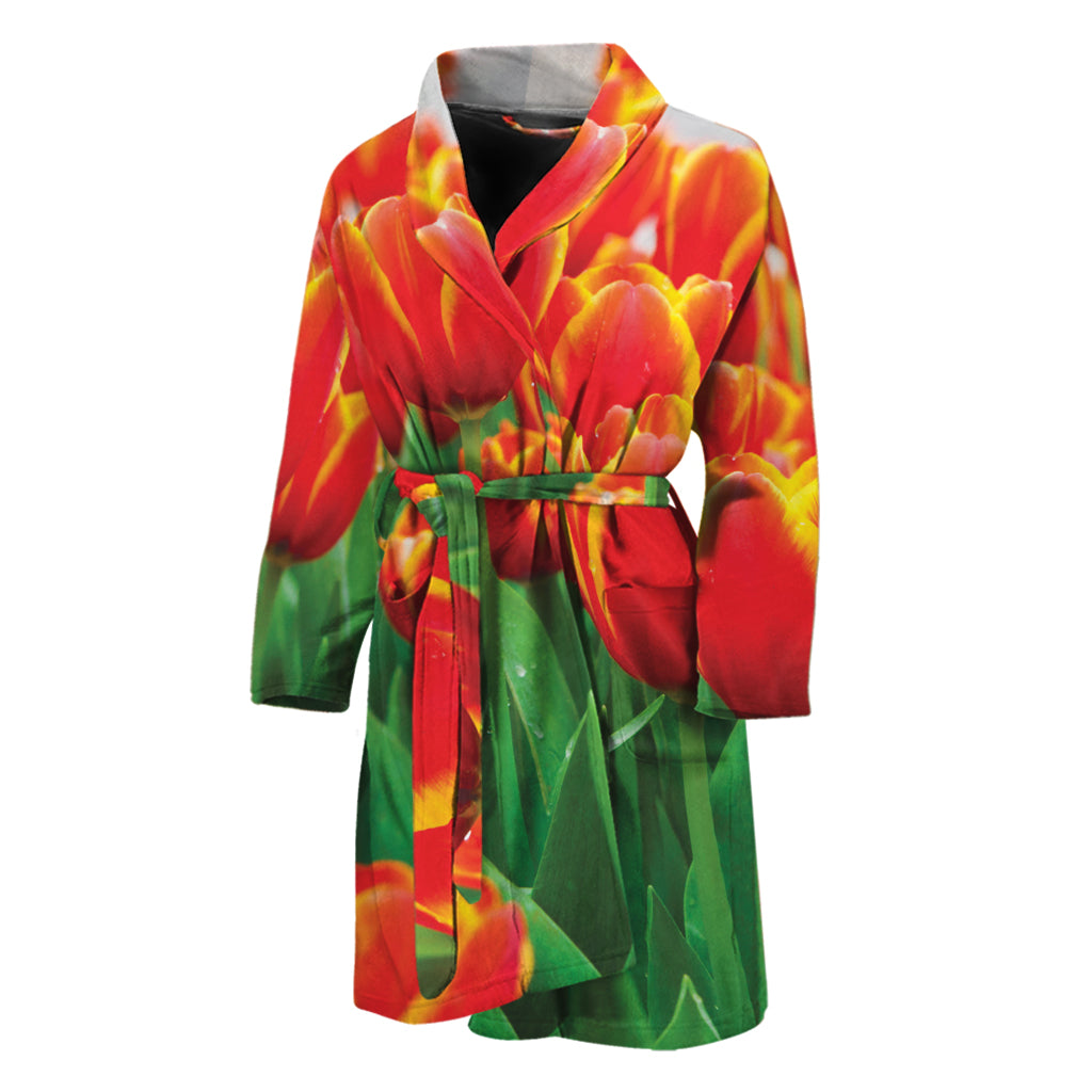 Red And Yellow Tulip Print Men's Bathrobe