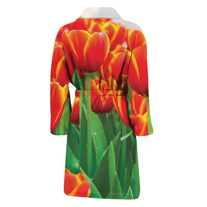Red And Yellow Tulip Print Men's Bathrobe