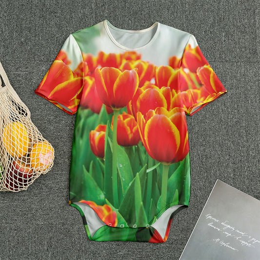 Red And Yellow Tulip Print Men's Bodysuit