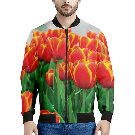 Red And Yellow Tulip Print Men's Bomber Jacket
